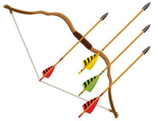 archery bow and set of four arrows angled up isolated on a white background