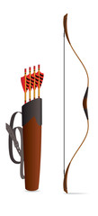 archery bow with arrows in a brown leather quiver isolated on a white background