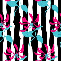 Seamless pattern. Pink flowers lonicera on black and white. Vector background.
