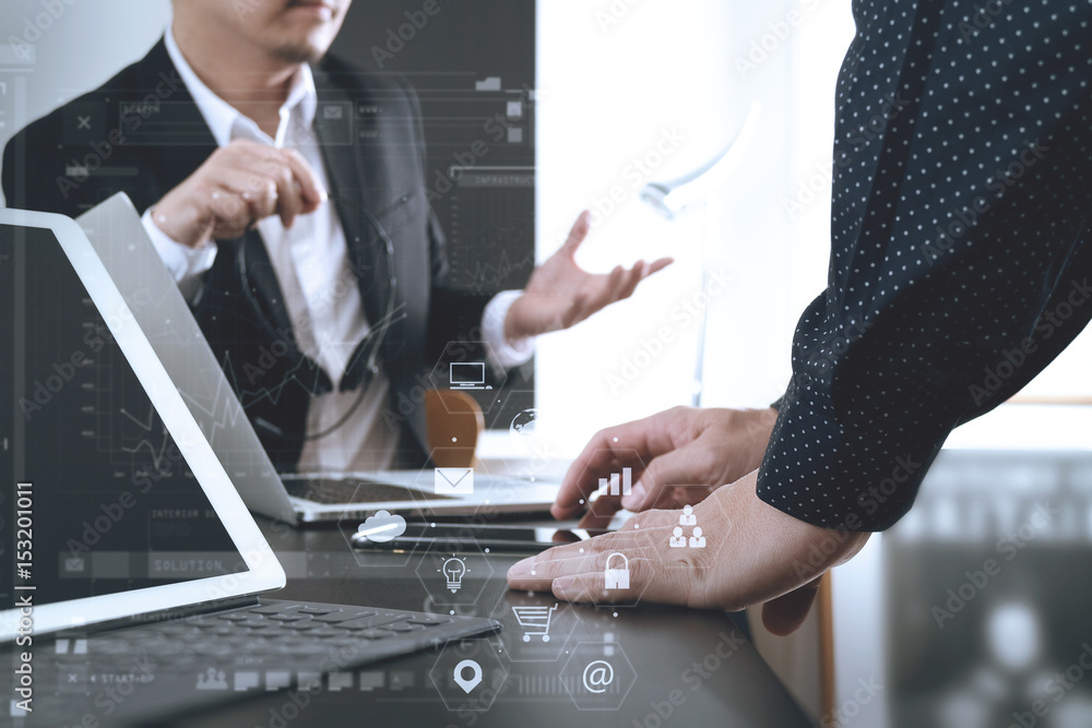 Poster co working team meeting concept,businessman using smart phone and digital tablet and laptop computer in modern office