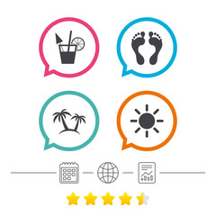 Beach holidays icons. Cocktail, human footprints.