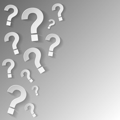 Random question marks on grey background. Vector illustration.