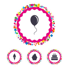 Birthday party icons. Cake with ice cream symbol.