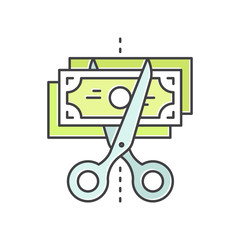 Vector Icon Style Illustration of Budget Cut, reduce costs, money saving concept, Credit or Debit Card Payment, Cash and Coin, Profit and Revenue