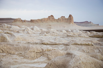 Peaked rocks and geological formations in Boszhira canyon, plateau Ustyurt, Kazakhstan