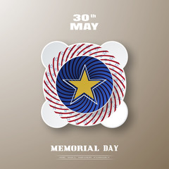 Vector poster of Memorial Day with label cut from paper with red twisted rays and blue stars and shadow on the gradient brown background.