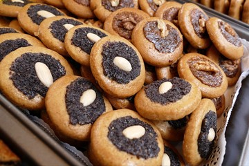 variety of sweet cakes on a market
