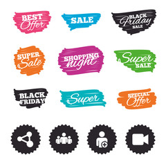Group of people and share icons. Video camera.