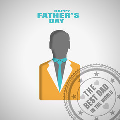 Happy Father's Day vector poster with man silhouette in yellow jacket, blue tie, shadow on the gradient gray background with blue text.