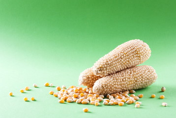stalk of raw corn on a green background © Valerii Dekhtiarenko