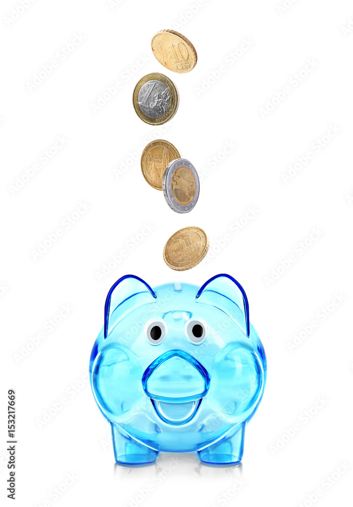 Sticker Blue glassy piggy bank on white background