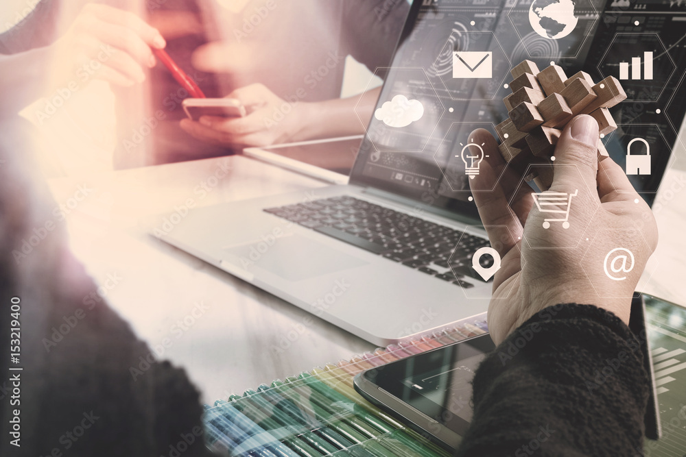 Aufkleber co working team meeting concept,businessman using smart phone and laptop and digital tablet computer in modern office with virtual interface icons network diagram
