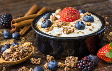 Fresh White Yogurt with Strawberry, Blueberries and Muesli