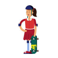 Young girl having fun riding long board skateboard.