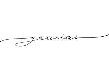 Thank you in Spanish. Handwritten black text isolated on white background, vector.
