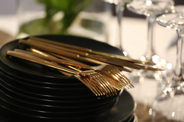 Fototapeta na wymiar Set of dishware on table in restaurant, closeup
