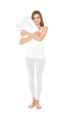 Young beautiful woman with orthopedic pillow on white background. Healthy posture concept