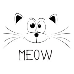 Cute cat silhouette. Black head of Cat with  lettering word 'Meow'. 