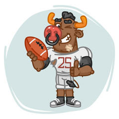 Bull Football Player Holds Ball Shows Thumbs Up and Winks