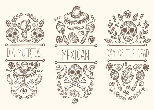 Mexican sketch doodle collection, vector hand drawn label elements. Skull, sugar skull, sombrero, chili, cactus, lime, lemon, moustaches, bones. Native traditional attributes.