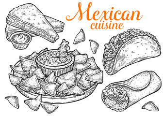Mexican traditional food vector hand drawn illustration set, menu label, banner poster identity, branding. Stylish design with sketch illustration of Mexican cuisine sketch. Isolated on white.