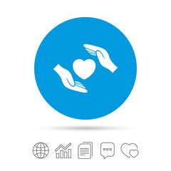 Life insurance sign icon. Hands protect cover.