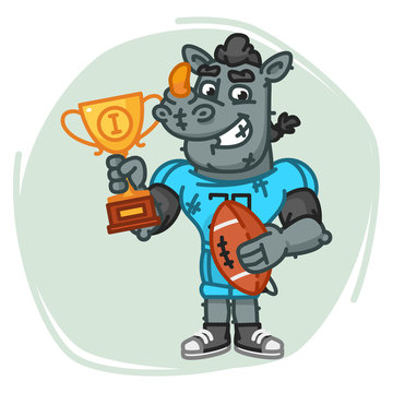 Rhino Football Player Holds Ball and Cup