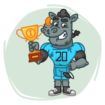 Rhino Football Player Holds Cup