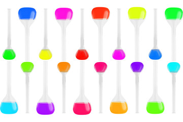 Test-tubes of different shapes with multi-colored liquids isolated on white background. Medicine, Chemistry. Horizontal frame