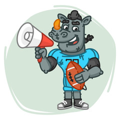 Rhino Football Player Speaks Into Megaphone and Holds Ball