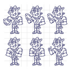 Sketch Character Set Rhino Football Player Holds Rectangular Ball