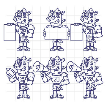 Sketch Character Set Rhino Football Player Holds Megaphone Ball Paper