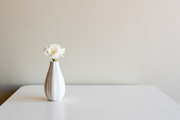 Single white carnation in small vase on white table against neutral wall background