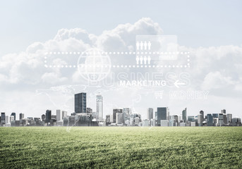 Natural background with modern cityscape green field and media i