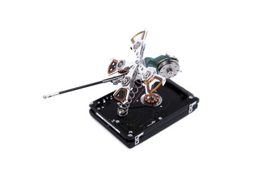 Set of metal dragonfly made by hand from different details, isolated, steampunk