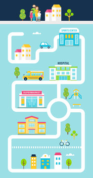 City or Town Facilities Infographics Road Map Style Template