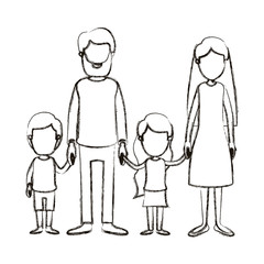 blurred silhouette caricature faceless family with parents and little kids taken hands vector illustration