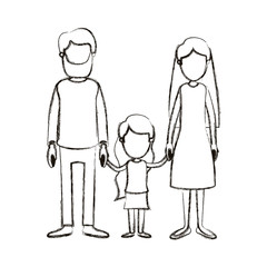blurred silhouette caricature faceless family with father bearded and mom with long hair with little girl taken hands vector illustration