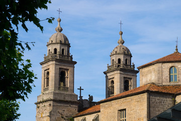 Fototapeta na wymiar Spain, Santiago. Bell towers of Church of San Francisco founded by St. Francis of Assisi in 1214 AD.