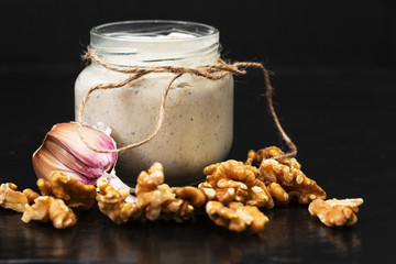 walnut pesto with raw ingredients