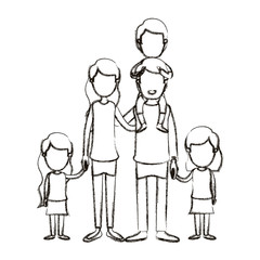 blurred silhouette caricature faceless big family parents with boy on his back and daugthers taken hands vector illustration