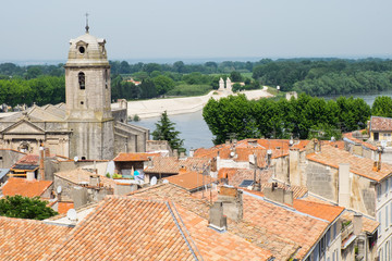 Fototapeta na wymiar France, Arles, Old Town and the quai and river along the Rhone River, as seen from Roman Amphitheater.