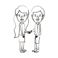 blurred silhouette caricature full body couple in casual clothing handshake vector illustration