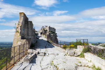 Europe,France,Les Baux de Provence (medieval city),Les Baus Valley,limestone crests of  Val d’enfer (vale of Hell),13th C. Keep of the Les Baux Citadel