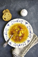 Dried pea soup with smoked bacon.Top view.