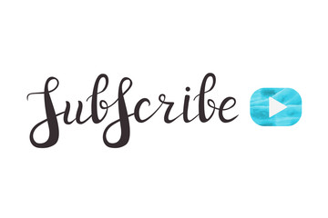 Vector isolated handwritten lettering for Subscribe on white background. Vector calligraphy for decoration and covering. Concept of blogging, network and social media.