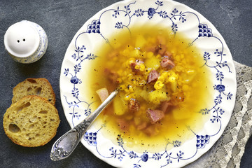 Dried pea soup with smoked bacon.Top view.