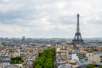 Fototapeta na wymiar View over Paris Eiffel Tower cloudy sky city center
