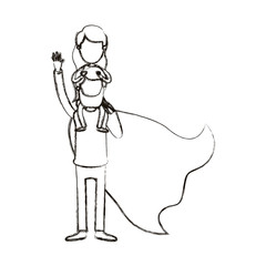 blurred silhouette caricature faceless full body super dad hero with girl on his back vector illustration