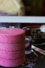 Spa items on a dark wooden background